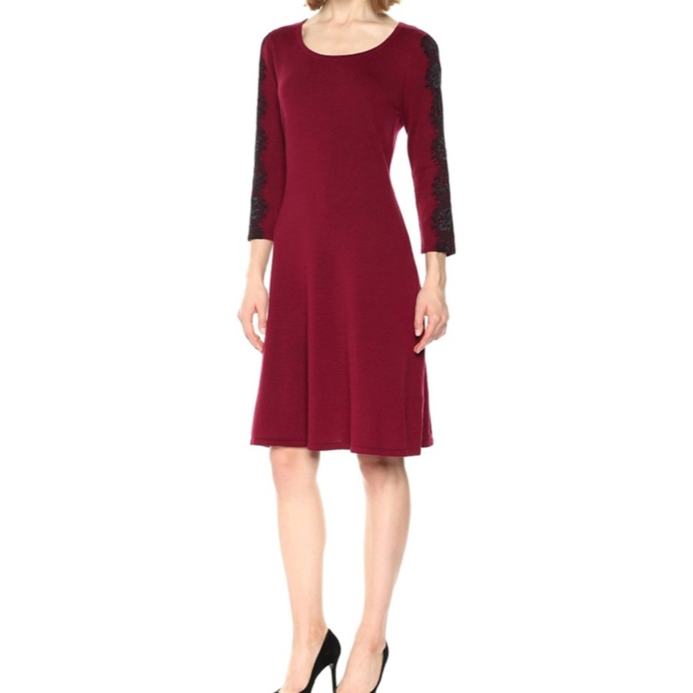 FINAL SALE Nine West Scoop Neck A-line 3/4 Sleeve Sweater Dress, Lace Accents